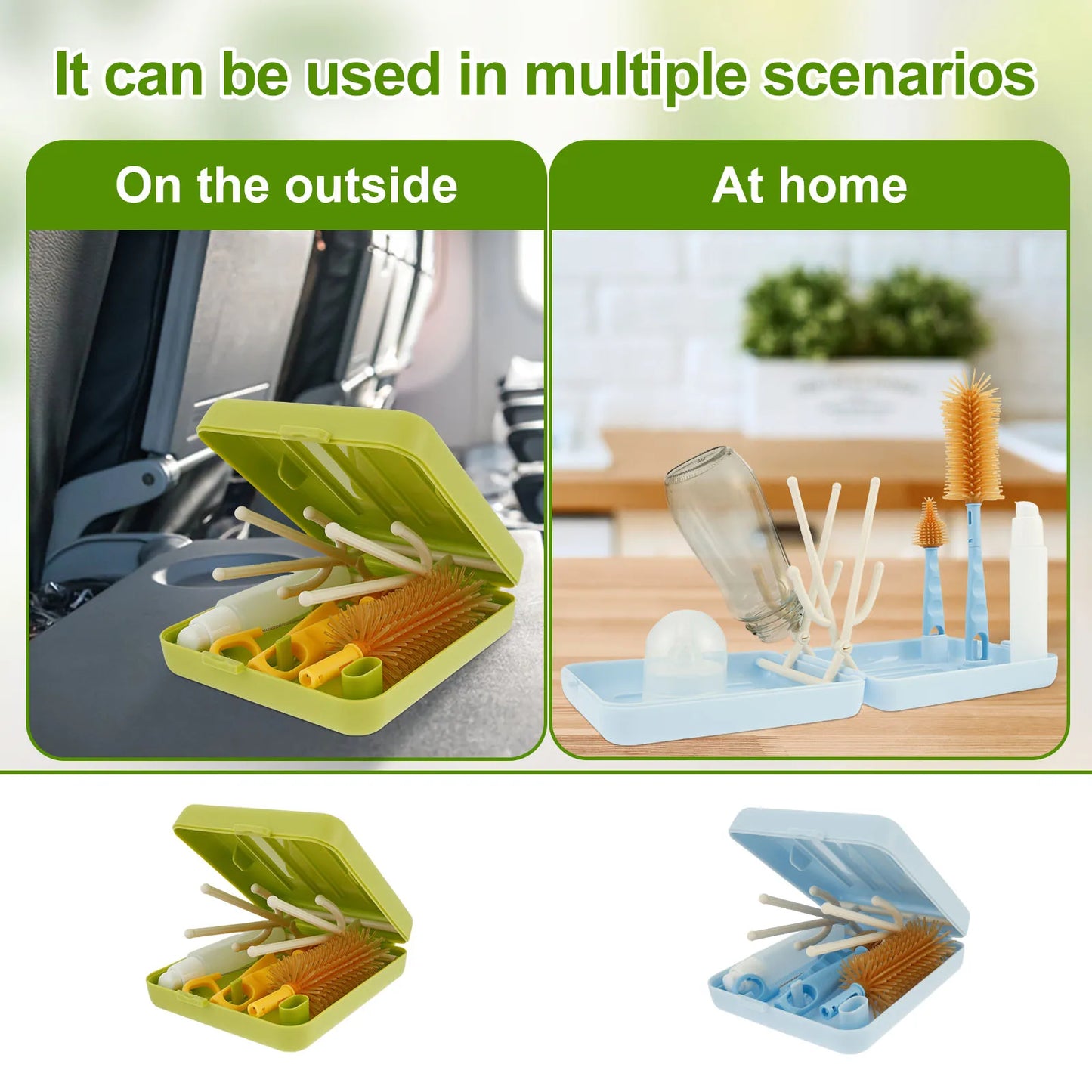 Ultimate Portable Baby Bottle Brush Set - Versatile Cleaning Tool with Drip Drying Rack & Silicone Nipple Brush for On-the-Go Parents