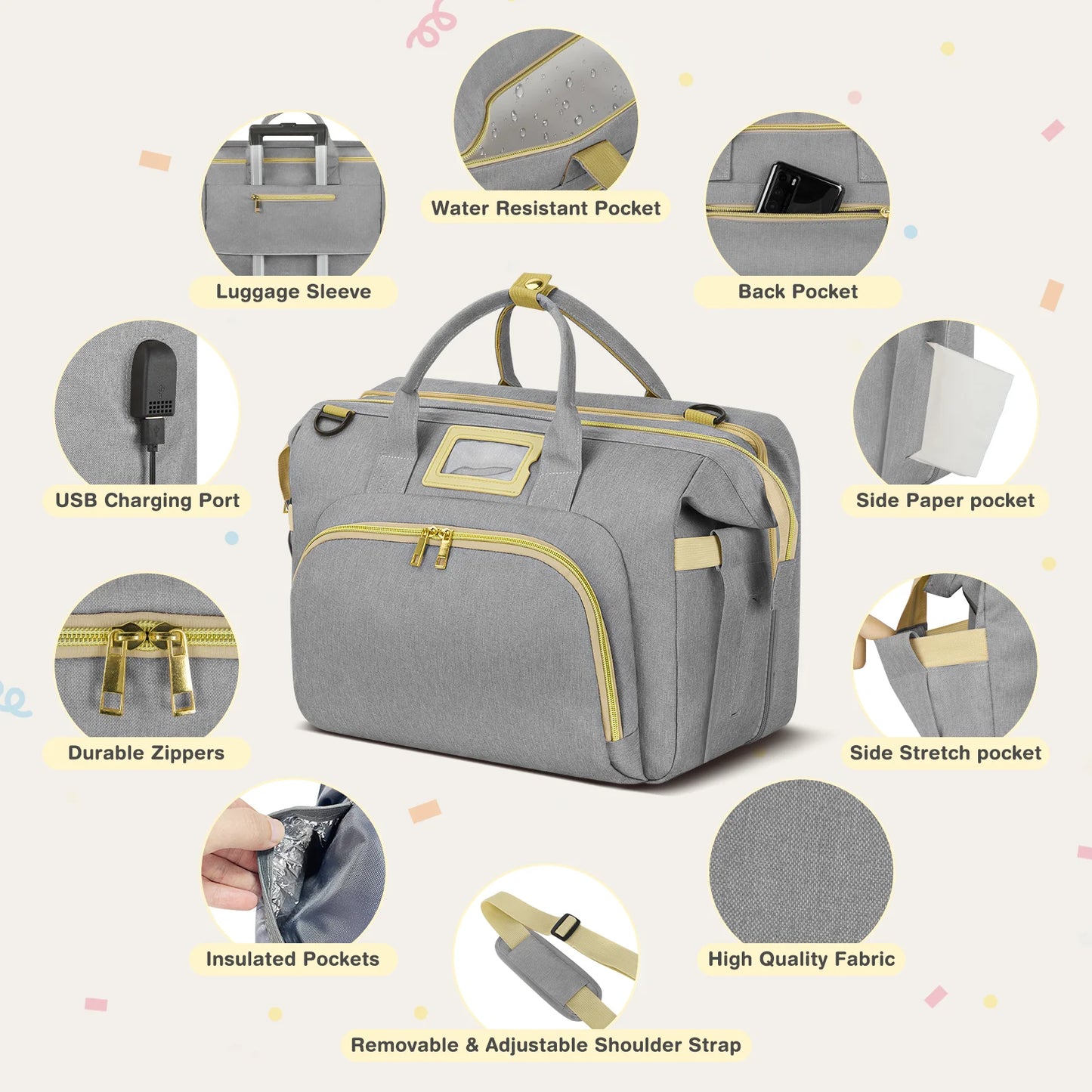 Stylish Gray Diaper Bag Tote - Multifunctional Baby Changing Backpack with Insulated Bottle Pockets, USB Charging Port & Stroller Straps - Perfect for Newborns!