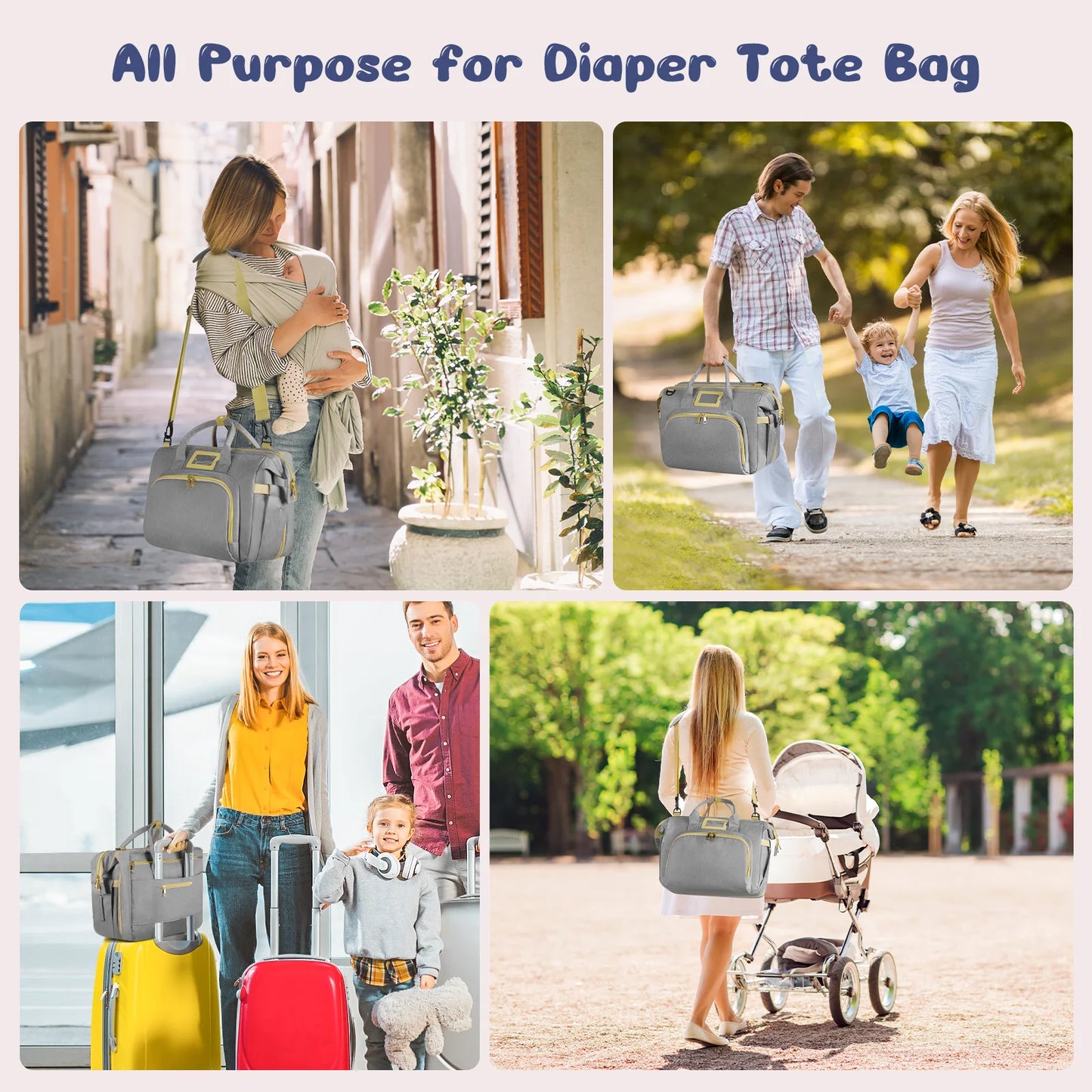Stylish Gray Diaper Bag Tote - Multifunctional Baby Changing Backpack with Insulated Bottle Pockets, USB Charging Port & Stroller Straps - Perfect for Newborns!
