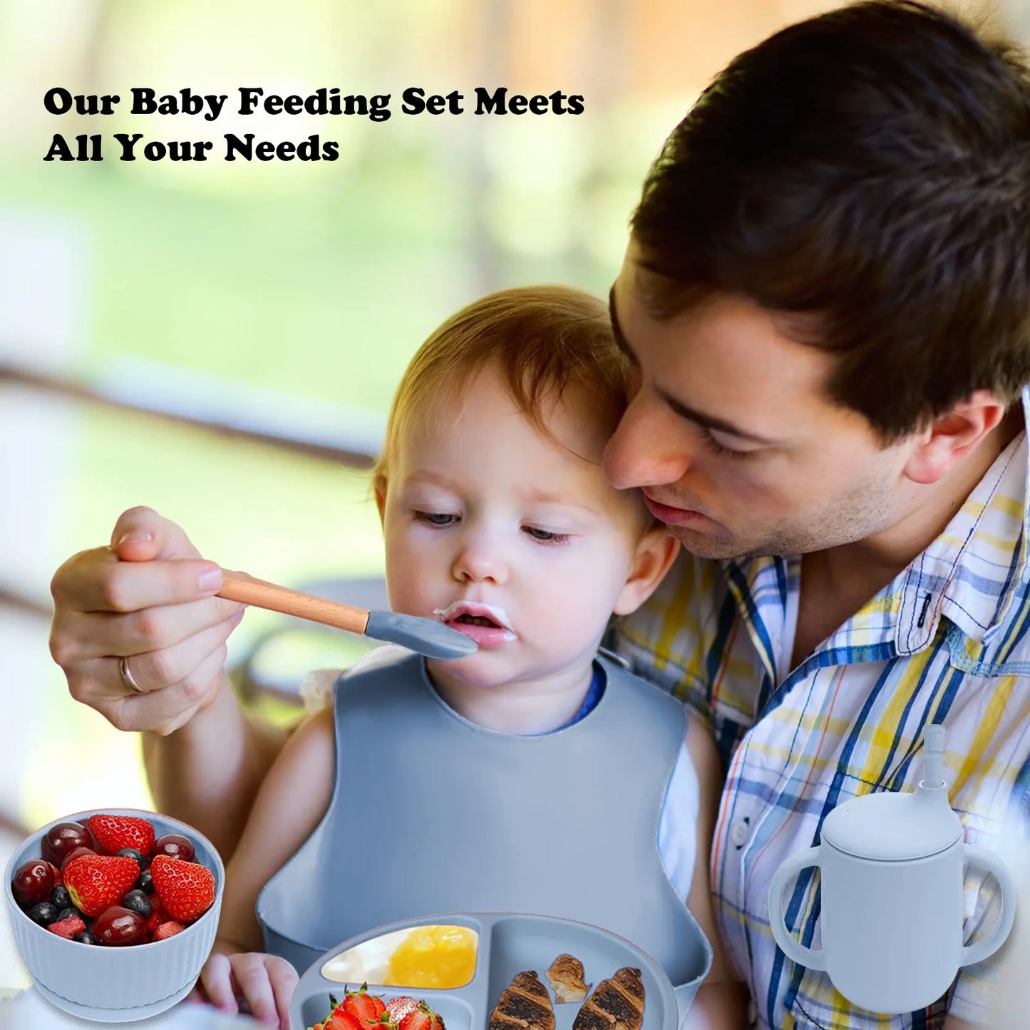 6Pcs Silicone Baby Feeding Set, Baby Led Weaning Supplies, Baby Plate Set of Suction Bowl and Divided Toddler Plate, Baby Spoon, Fork, Bib, Sippy Cup with Straw and Lid, Food Grade BPA Free, Blue