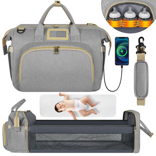 Stylish Gray Diaper Bag Tote - Multifunctional Baby Changing Backpack with Insulated Bottle Pockets, USB Charging Port & Stroller Straps - Perfect for Newborns!