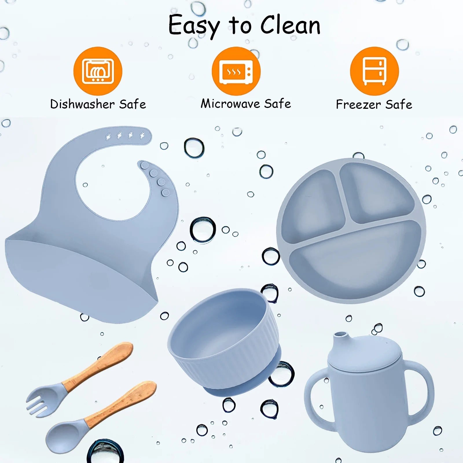 6Pcs Silicone Baby Feeding Set, Baby Led Weaning Supplies, Baby Plate Set of Suction Bowl and Divided Toddler Plate, Baby Spoon, Fork, Bib, Sippy Cup with Straw and Lid, Food Grade BPA Free, Blue
