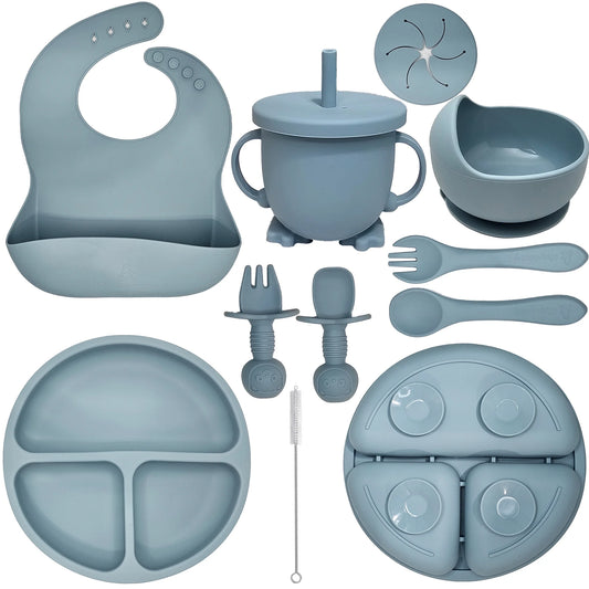 Baby Led Feeding Set | 10 Piece Silicone Feeding Set | Baby Toddler Bib Cup Divided Plate and Bowl Self Feeding Spoons Dish Set | Toddler Feeding Supplies (Sky)