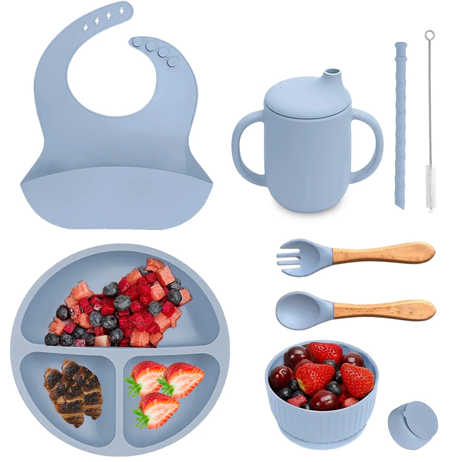6Pcs Silicone Baby Feeding Set, Baby Led Weaning Supplies, Baby Plate Set of Suction Bowl and Divided Toddler Plate, Baby Spoon, Fork, Bib, Sippy Cup with Straw and Lid, Food Grade BPA Free, Blue
