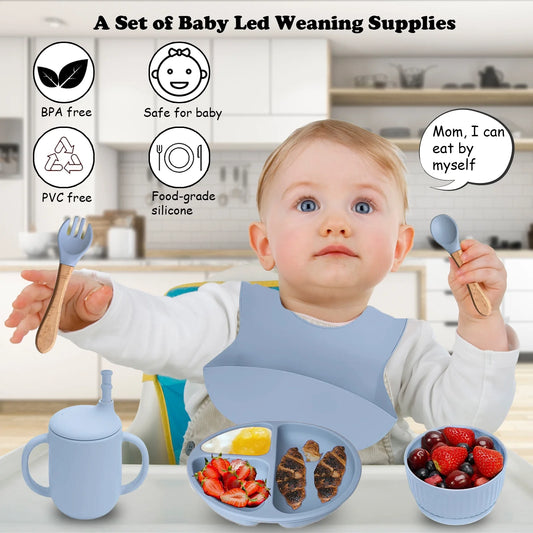 6Pcs Silicone Baby Feeding Set, Baby Led Weaning Supplies, Baby Plate Set of Suction Bowl and Divided Toddler Plate, Baby Spoon, Fork, Bib, Sippy Cup with Straw and Lid, Food Grade BPA Free, Blue